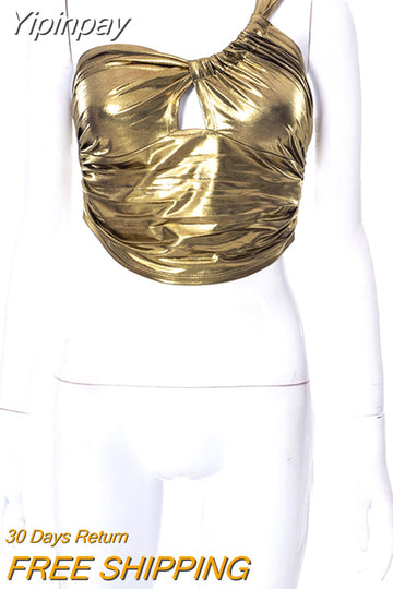 Yipinpay Slant Shoulder Sleeveless Bodycon Crop Tops Women Bright Ruched Cut Out Corset Top 2023 Summer Harajuku E-girl Y2K Clothes